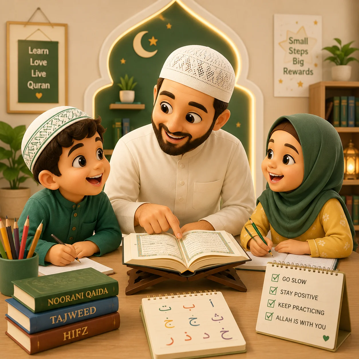 Patient Quran teacher working one-on-one with a child