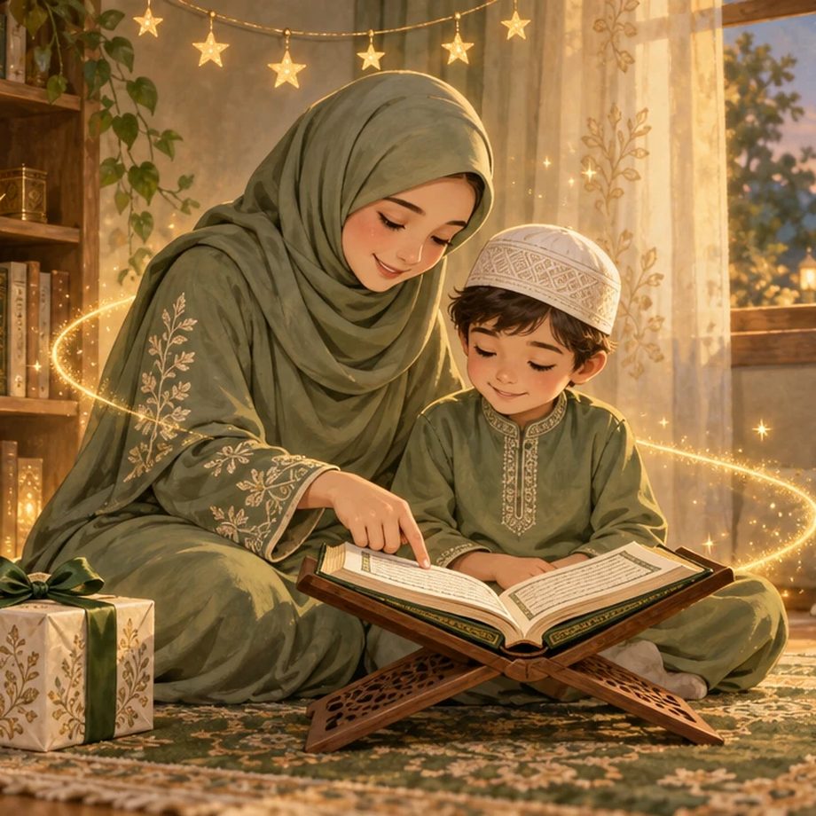 Mother and son reading the Quran together at home