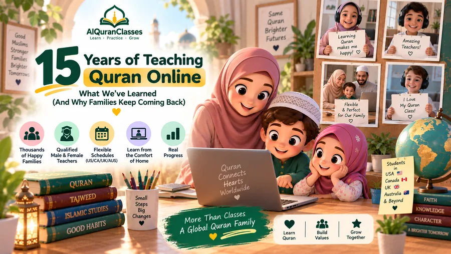 A grandparent, parent and child together, reflecting fifteen years of families learning Quran online