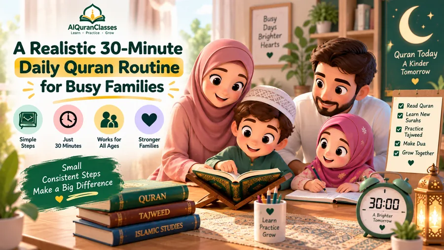 A family sitting together for a short daily Quran session with a Mushaf and a timer