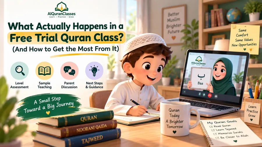 A child at a laptop during a free trial Quran class with a teacher on screen