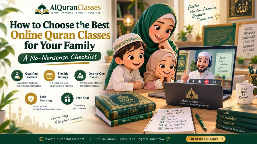 A parent working through a checklist while comparing online Quran academies on a laptop