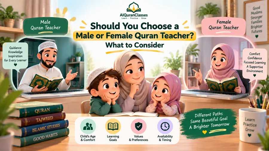 A parent considering teacher options while booking an online Quran class for their child