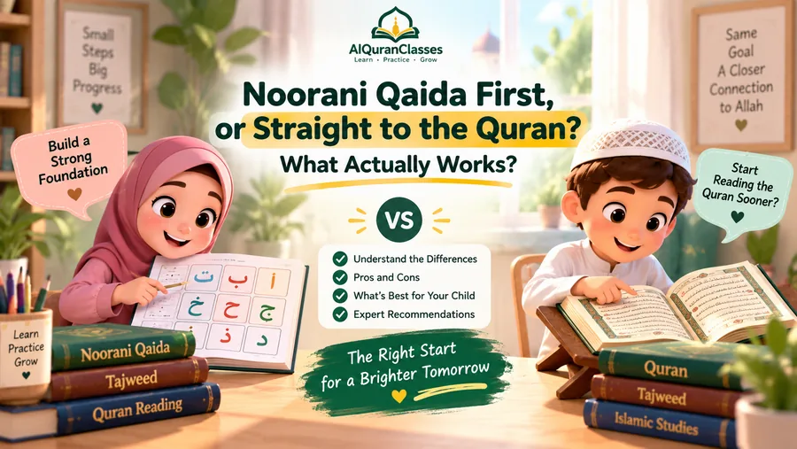 A child reading from a Noorani Qaida primer beside an open Mushaf during an online lesson