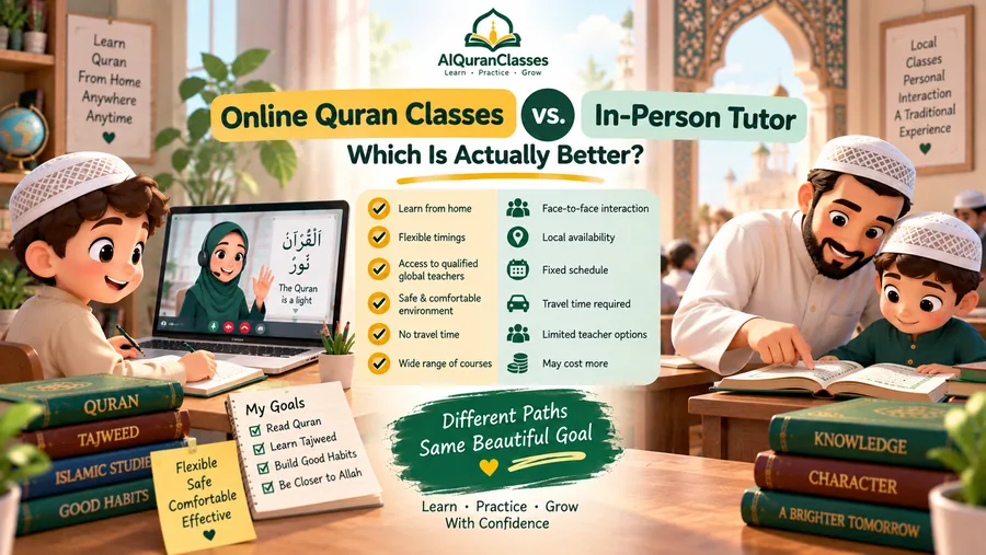 A split view comparing an online Quran lesson on a laptop with an in-person tutoring session at a table