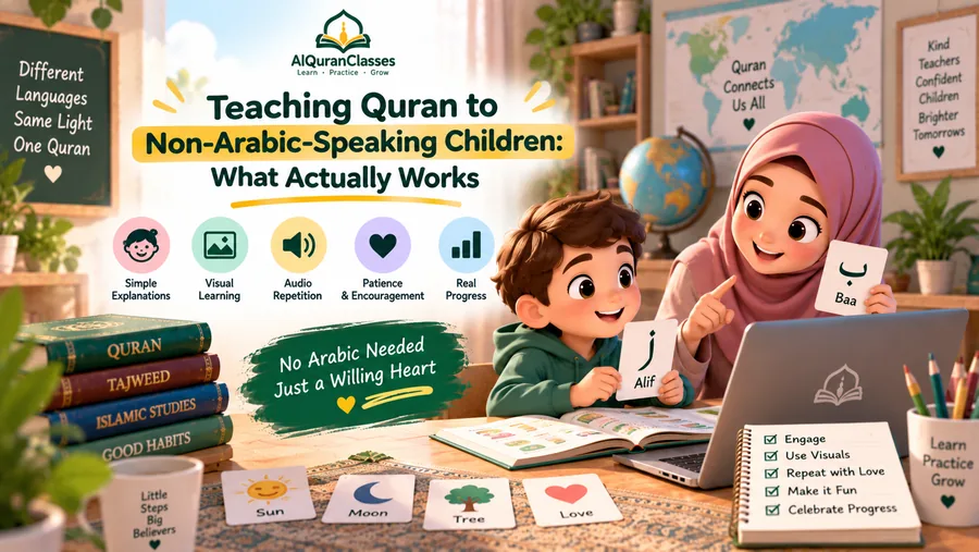 A child learning Quran letters on screen while a parent who does not read Arabic listens nearby