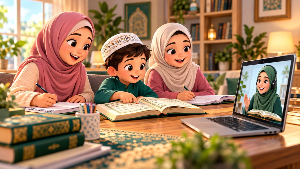 Three siblings sitting together at a laptop during an online Quran class at home