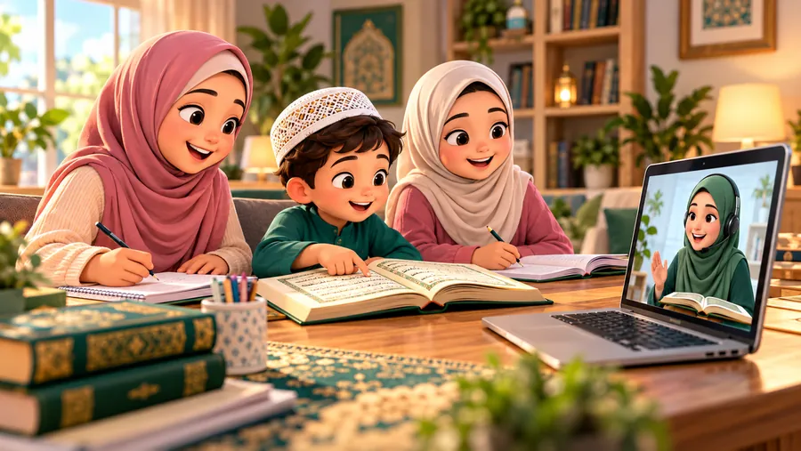 Three siblings sitting together at a laptop during an online Quran class at home