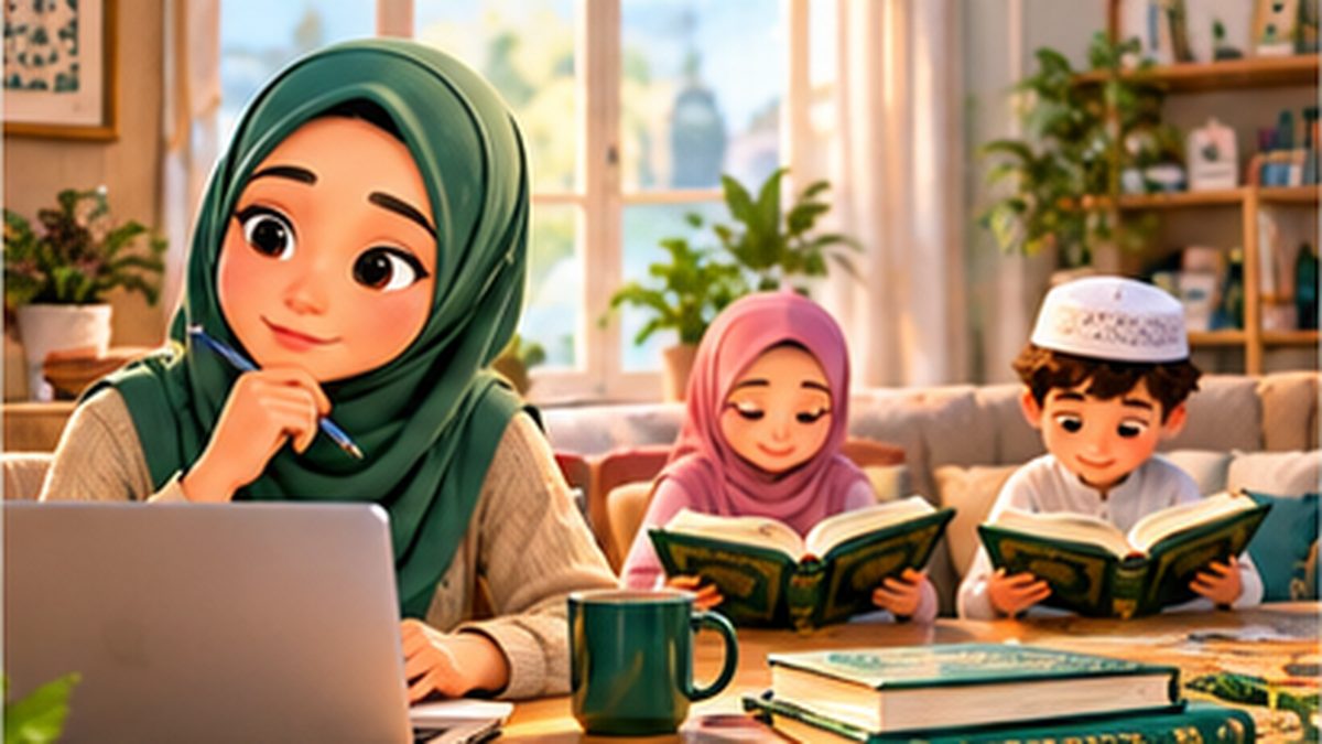 A mother comparing class options on a laptop while her two children read the Quran nearby