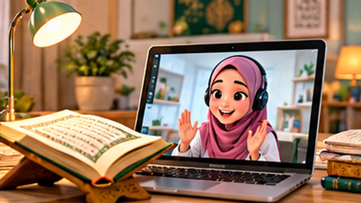 A female Quran teacher on a video call listening closely as a student recites