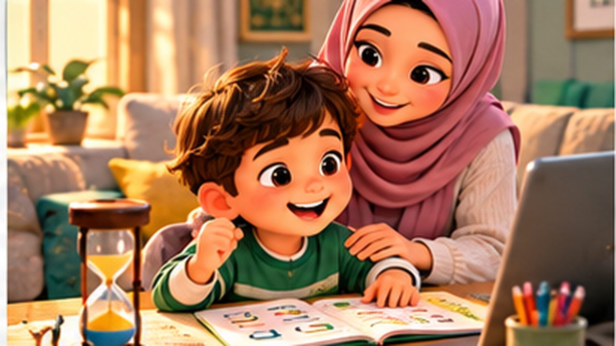 A young boy smiling during a short one-on-one online Quran lesson with a timer on the desk