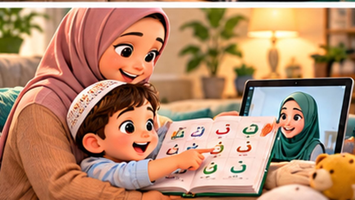 A small child pointing at Arabic letters in a Qaida book during an online class