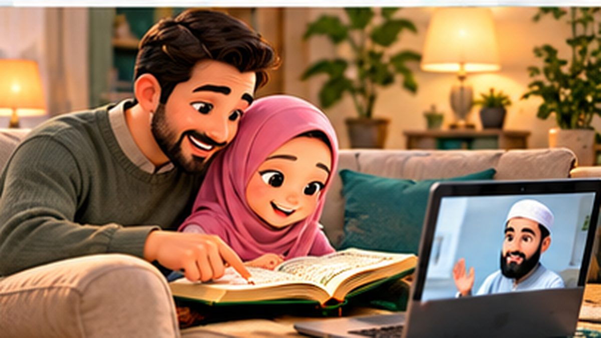 A father and his young daughter reading the Quran together during an online class