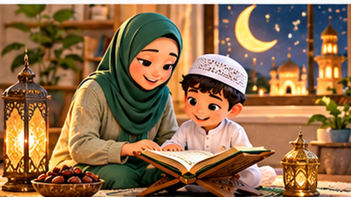 A mother and son reading the Quran together beside a lit crescent lantern