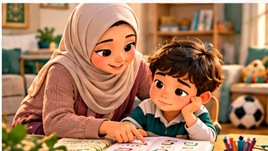A mother kneeling beside her son to encourage him with his Quran reading