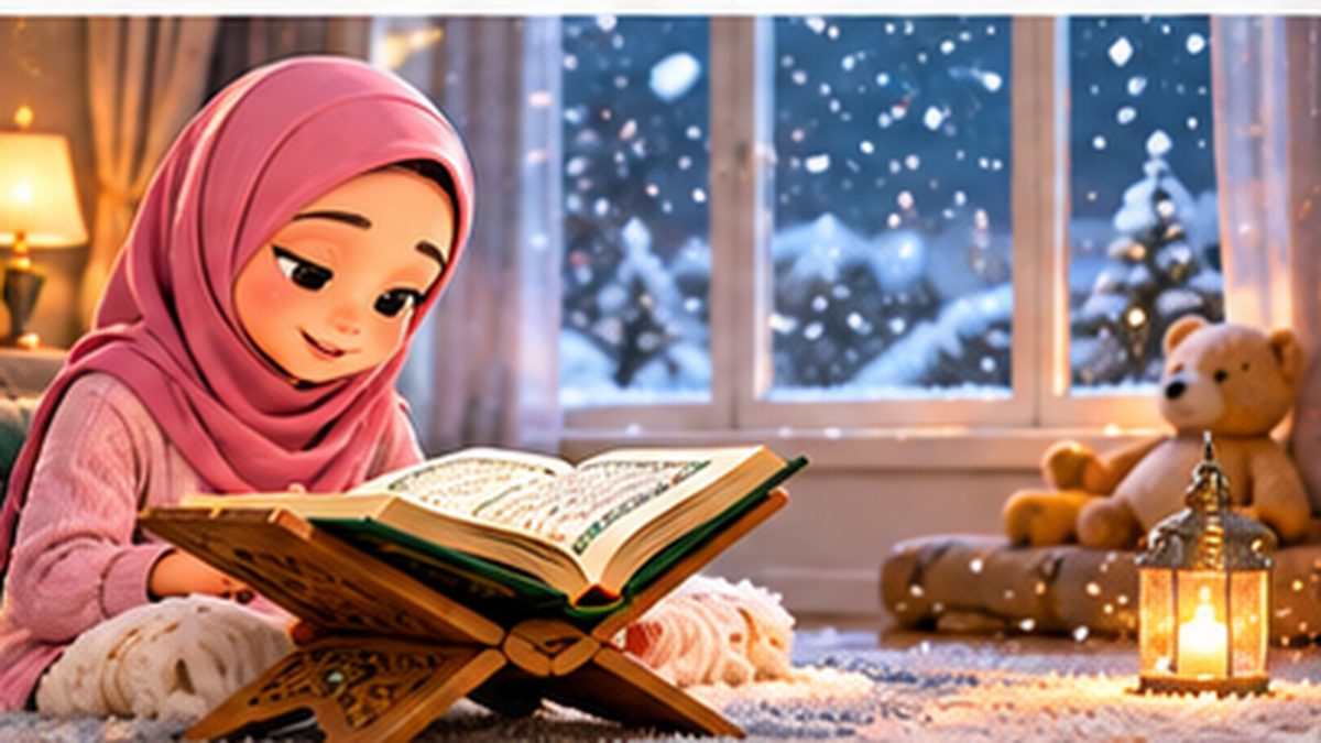 A girl reading the Quran by a snowy window during winter break