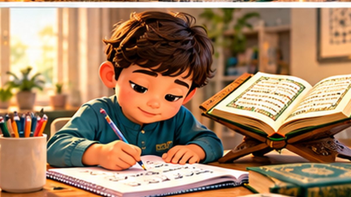 A child practicing writing in a notebook beside an open Quran on a stand