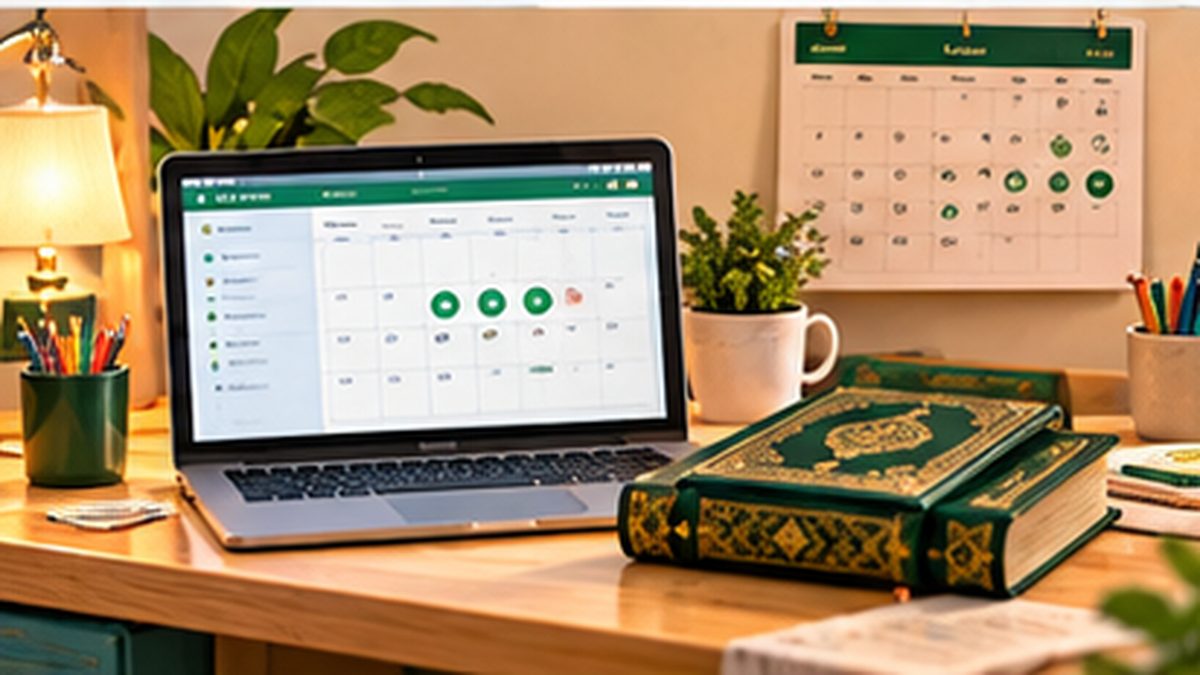 A family calendar with Quran class times marked next to a laptop and a Mushaf