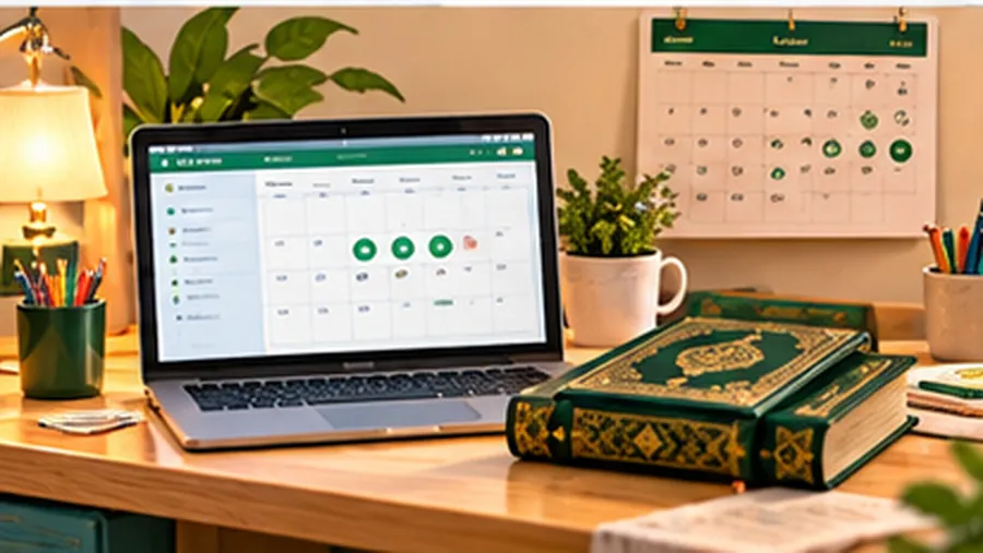 A family calendar with Quran class times marked next to a laptop and a Mushaf