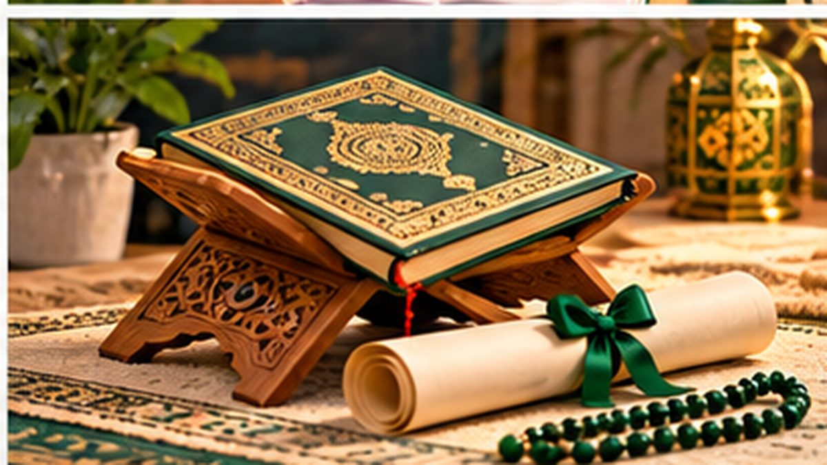 An open Quran on a carved wooden stand beside a rolled certificate tied with green ribbon