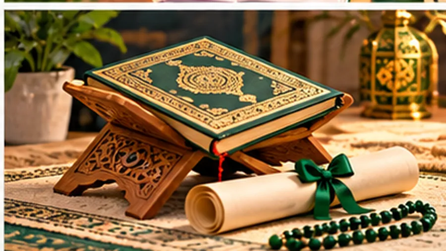 An open Quran on a carved wooden stand beside a rolled certificate tied with green ribbon