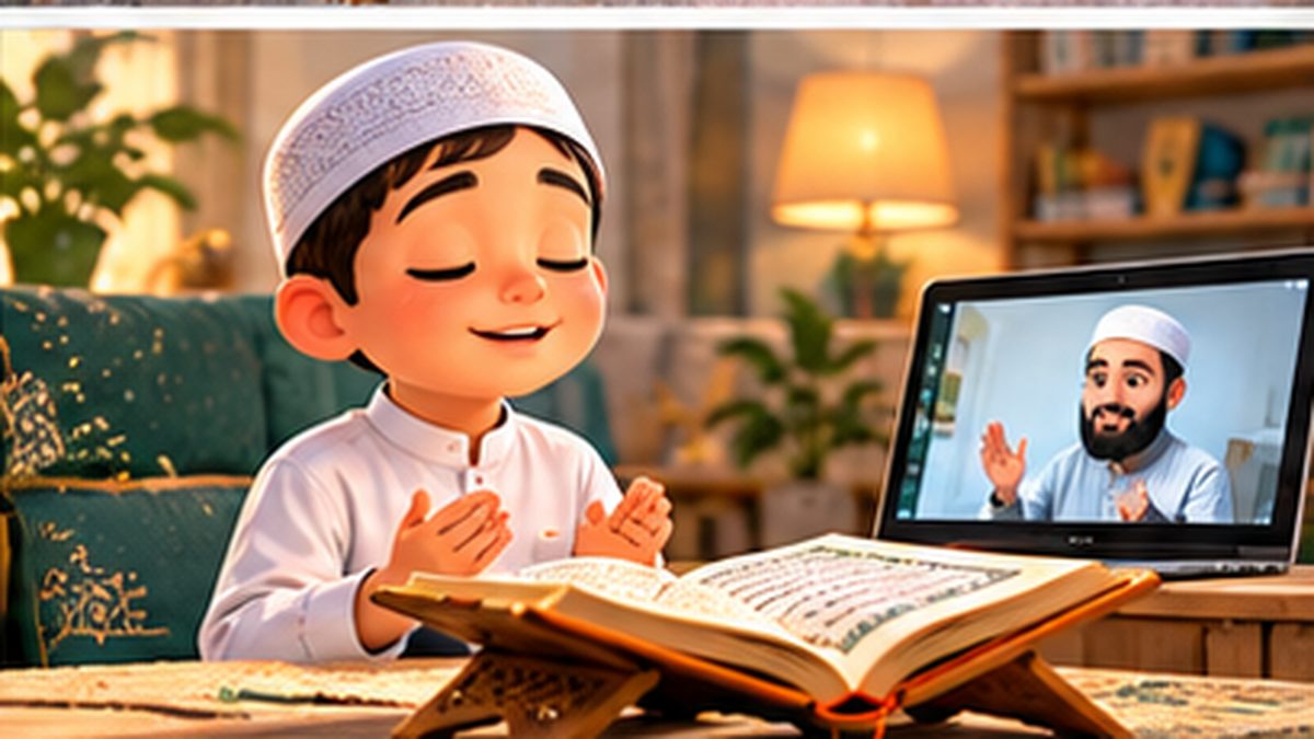 A boy reciting from memory with his eyes closed, a Quran open on a stand beside him