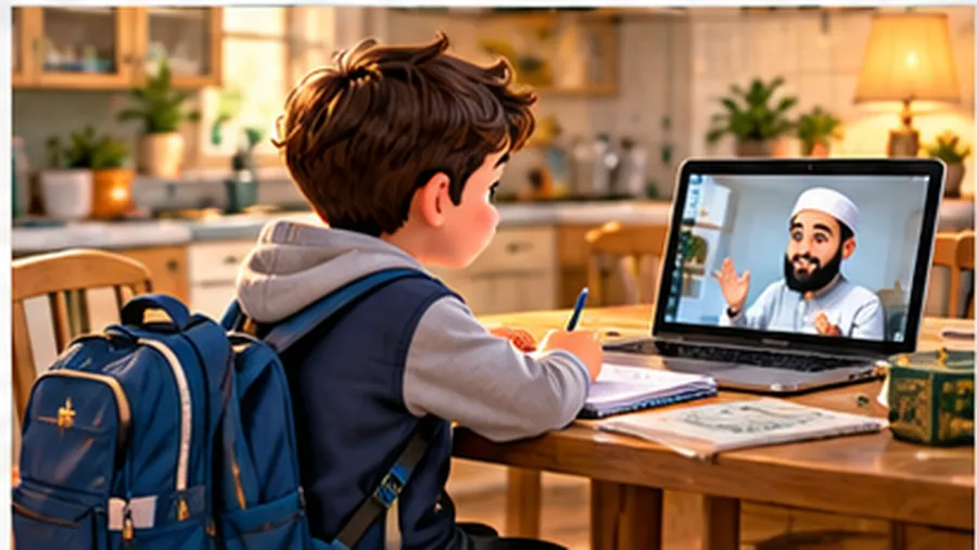 A boy joining an online Quran class at the kitchen table after school